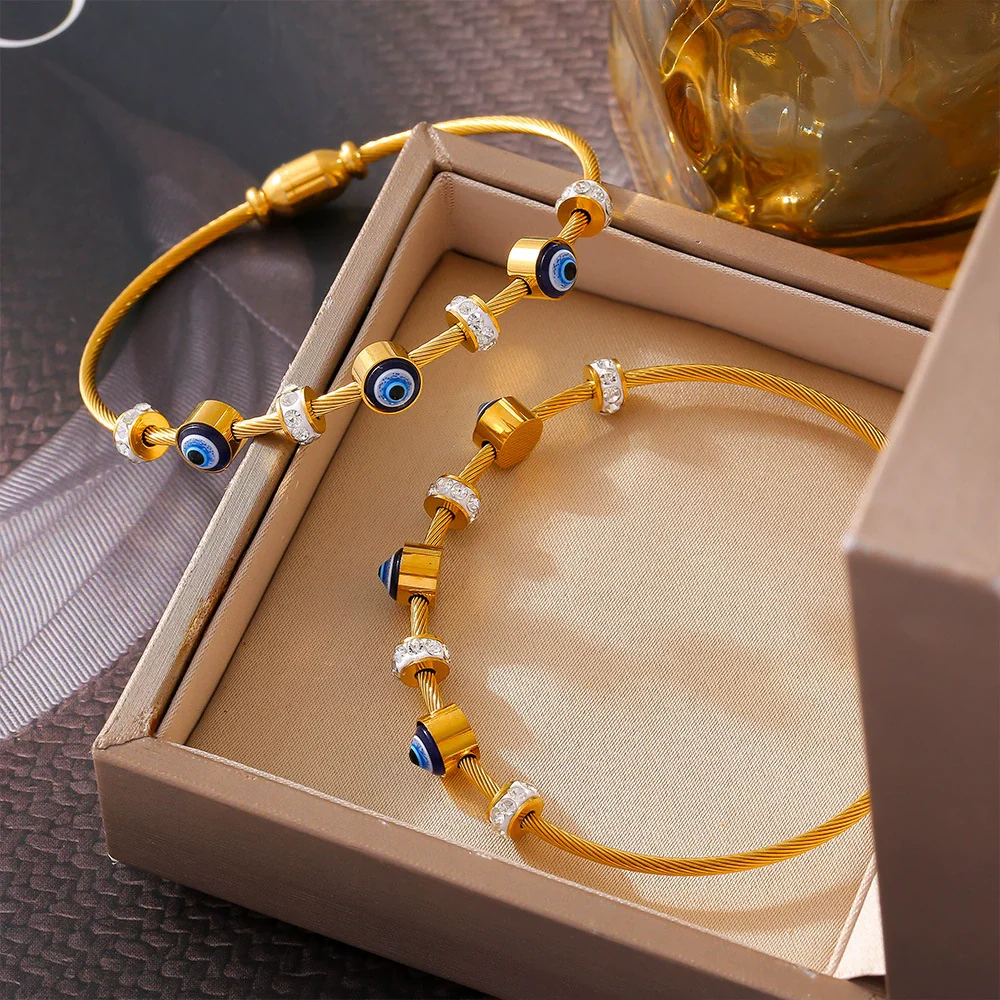 Wholesale Retro Luxury Geometric Devil's Eye Oil Drop Bracelet Encrusted With Diamonds Titanium Steel 18K Gold Plated