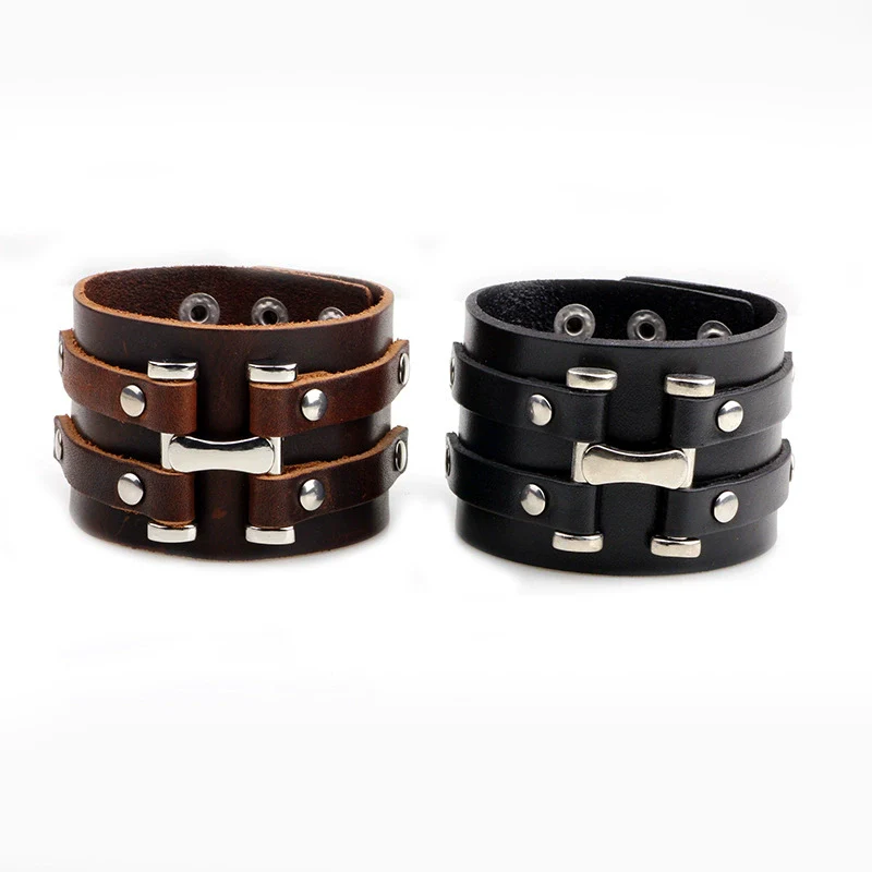 Wholesale Retro Punk Bracelet Cowhide Leather With Nailing Letters Numbers Text Design Unisex - Image 2