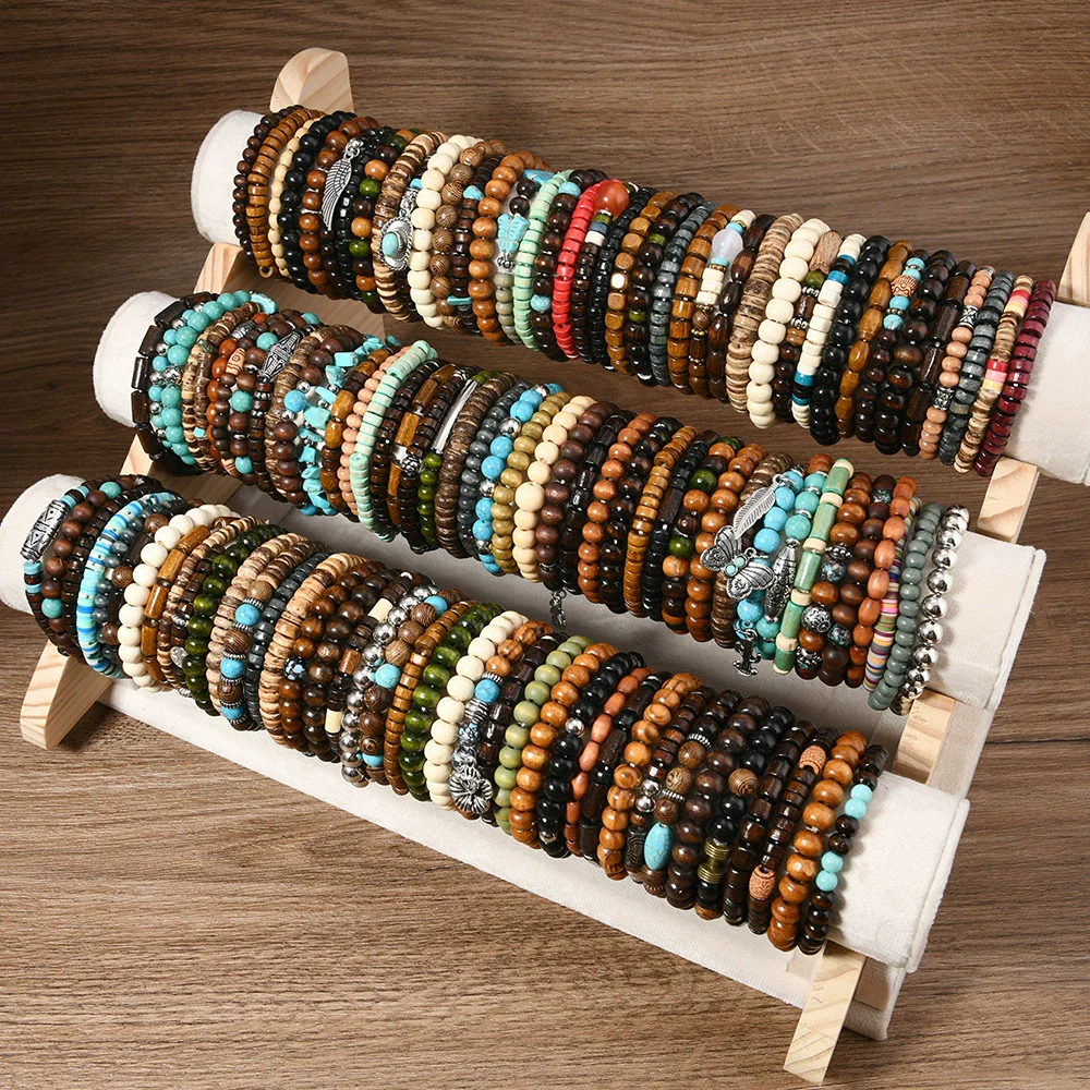 Wholesale Retro Style Geometric Butterfly Wooden Beads Handmade Elastic Hair String Set - Image 2