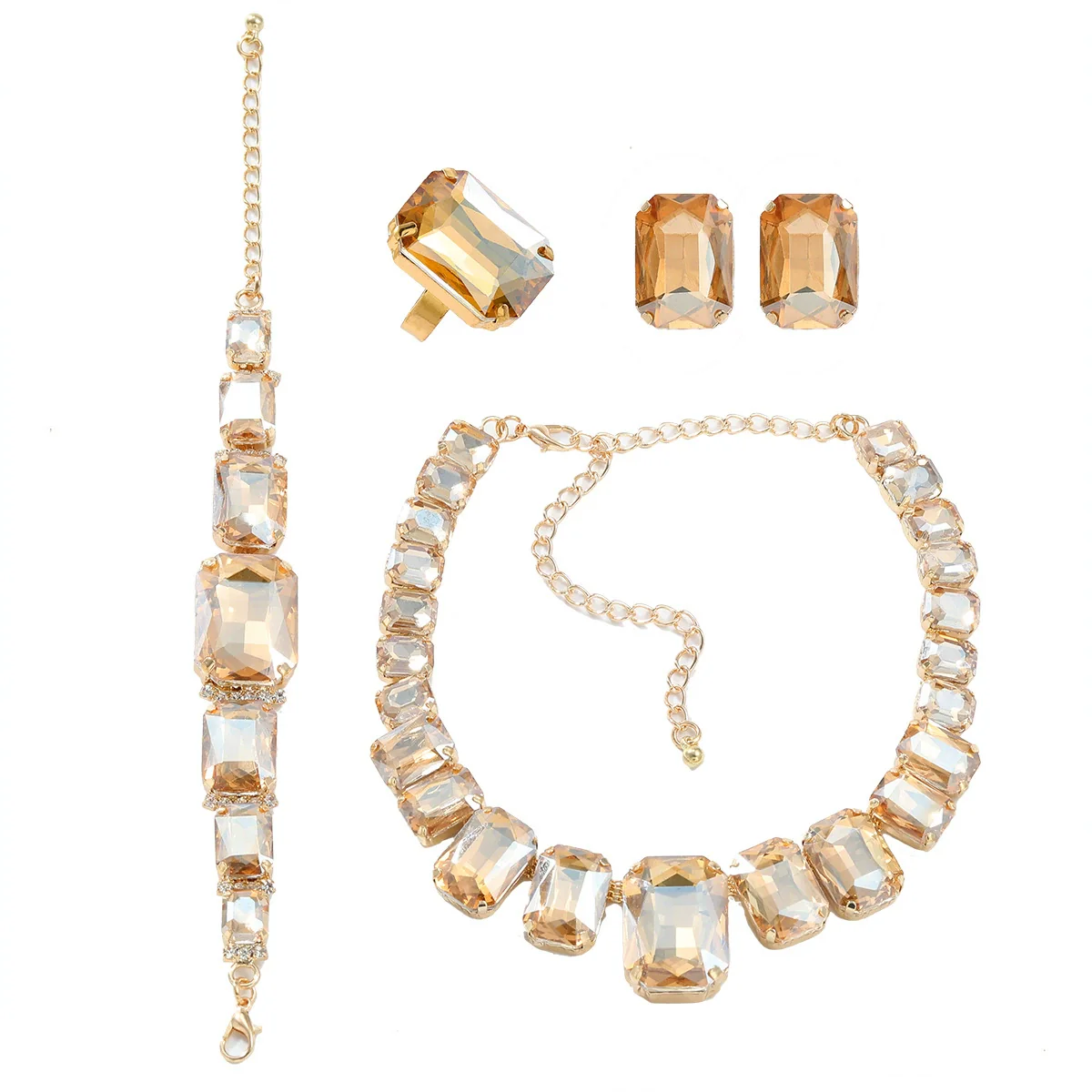 Wholesale Rhinestone Jewelry Exaggerated Geometric Inlay Square Necklace Earrings Bracelet Set For Women - Image 6