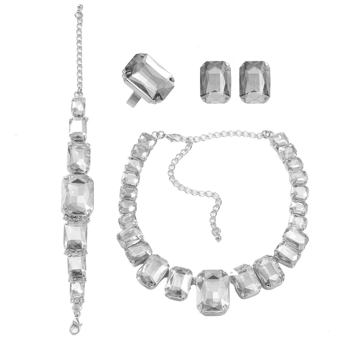 Wholesale Rhinestone Jewelry Exaggerated Geometric Inlay Square Necklace Earrings Bracelet Set For Women - Image 7