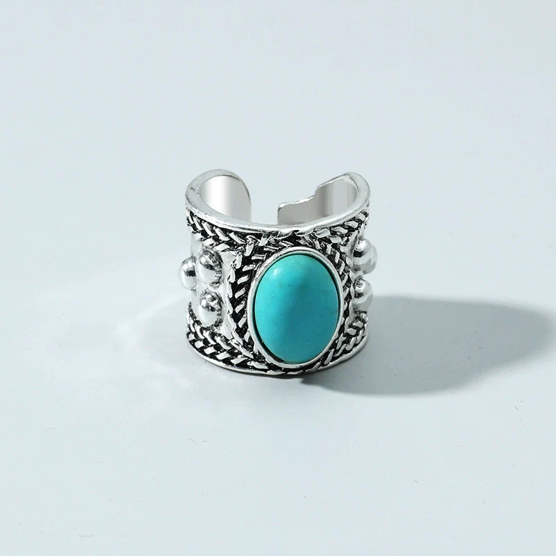 Wholesale Ring Alloy Geometric Blue Turquoise Inlaid Retro Elegant Versatile Creative Exaggerated Joint Open - Image 2