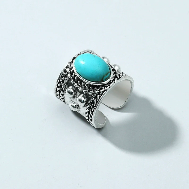 Wholesale Ring Alloy Geometric Blue Turquoise Inlaid Retro Elegant Versatile Creative Exaggerated Joint Open - Image 3