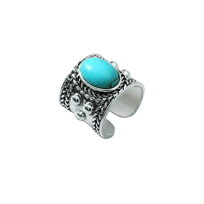 Wholesale Ring Alloy Geometric Blue Turquoise Inlaid Retro Elegant Versatile Creative Exaggerated Joint Open - Image 4