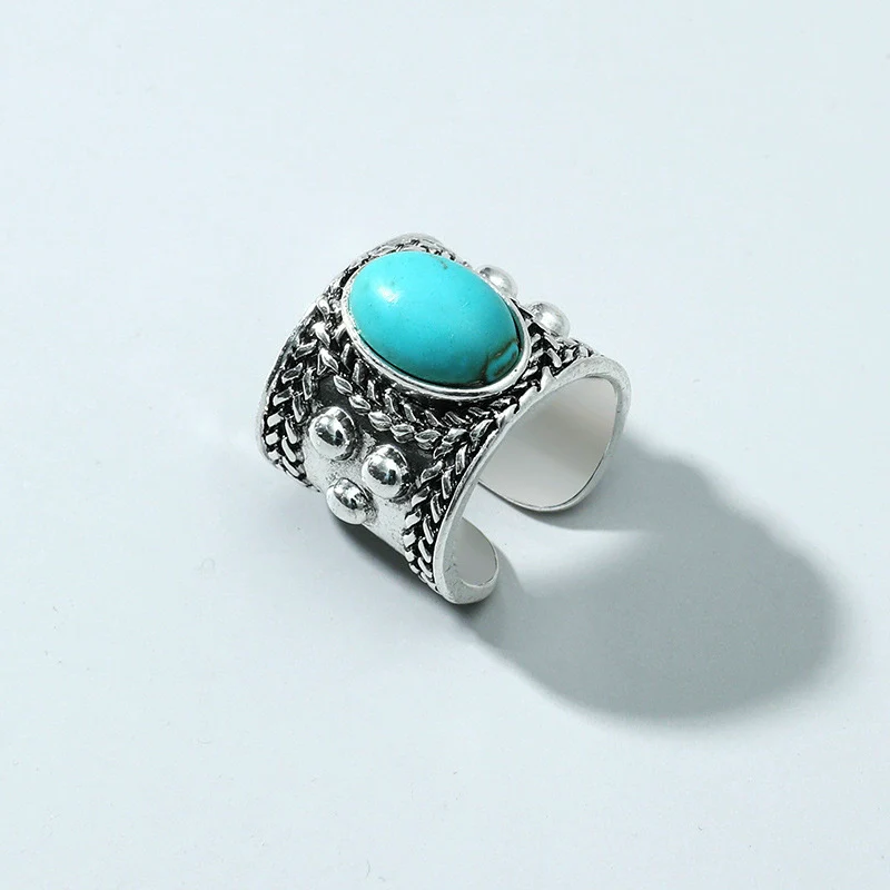 Wholesale Ring Alloy Geometric Blue Turquoise Inlaid Retro Elegant Versatile Creative Exaggerated Joint Open - Image 6