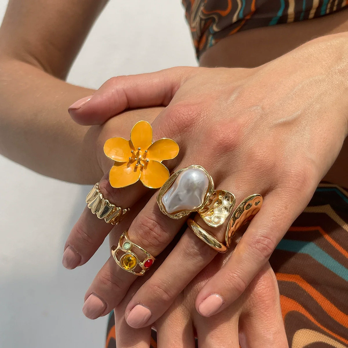 Wholesale Ring Imitation Pearl Geometric Flower Liquid Lava Open Baroque Ins Style Electroplated - Image 8