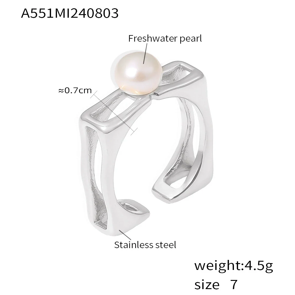Wholesale Ring Stainless Steel Plated With Gold Square Hollow Set Pearl Geometric Style - Image 4