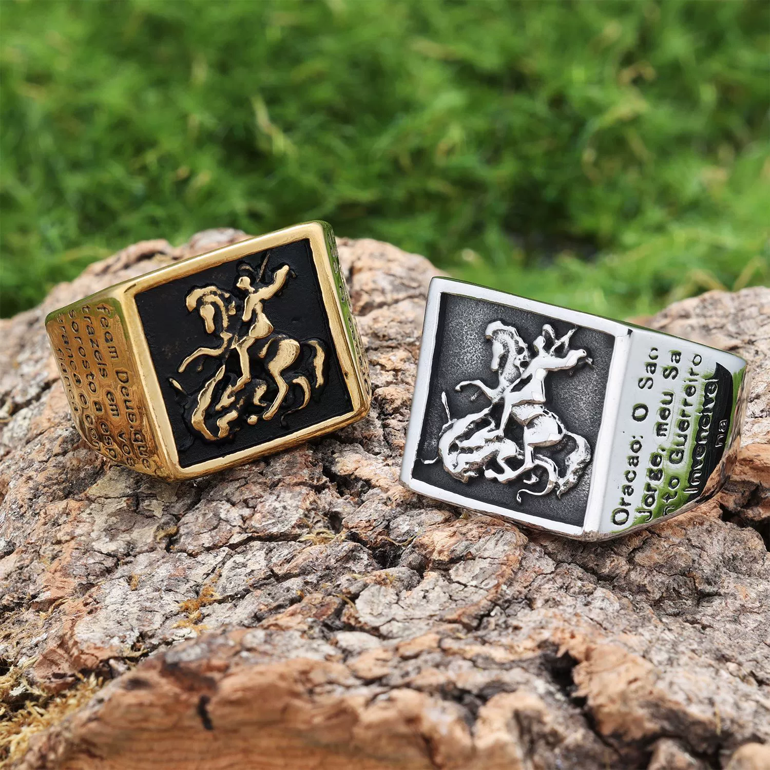 Wholesale Ring Stainless Steel Retro Punk Style Square Dragon Slaying Totem Apply Oil Unisex - Image 2