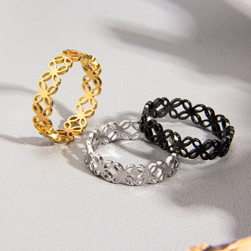 Wholesale Ring Titanium Steel Four Leaf Flower Hollow Laser Cutting Electroplated Women's Ring