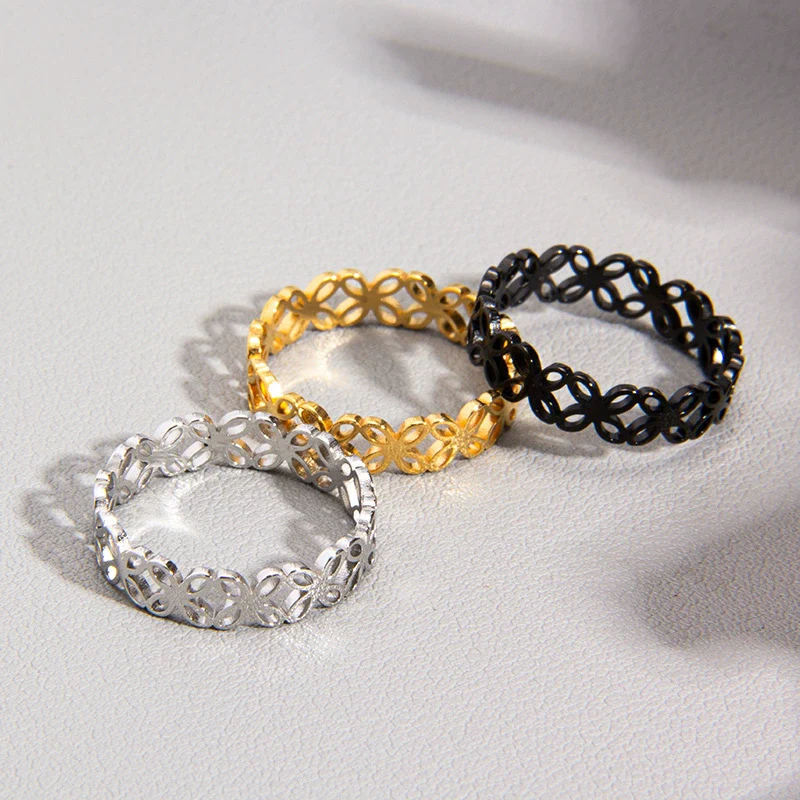 Wholesale Ring Titanium Steel Four Leaf Flower Hollow Laser Cutting Electroplated Women's Ring - Image 2