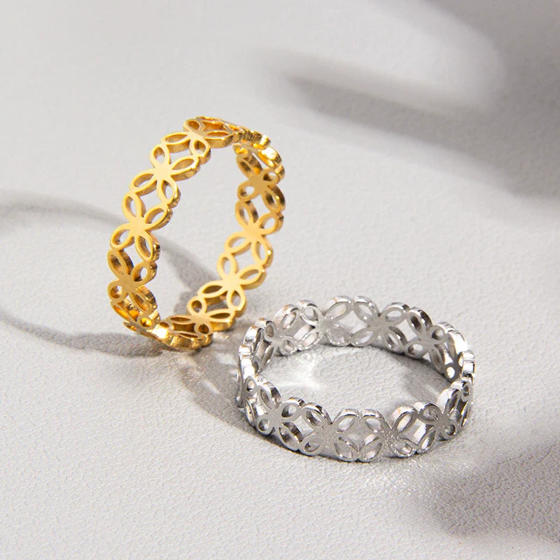 Wholesale Ring Titanium Steel Four Leaf Flower Hollow Laser Cutting Electroplated Women's Ring - Image 3