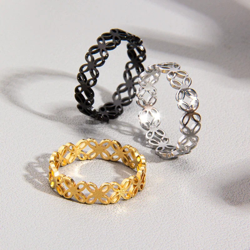 Wholesale Ring Titanium Steel Four Leaf Flower Hollow Laser Cutting Electroplated Women's Ring - Image 4