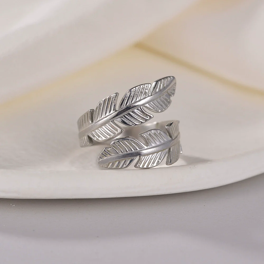 Wholesale Ring Titanium Steel Geometric Feather Fur Shape Electroplating Opening Adjustable Women's - Image 3