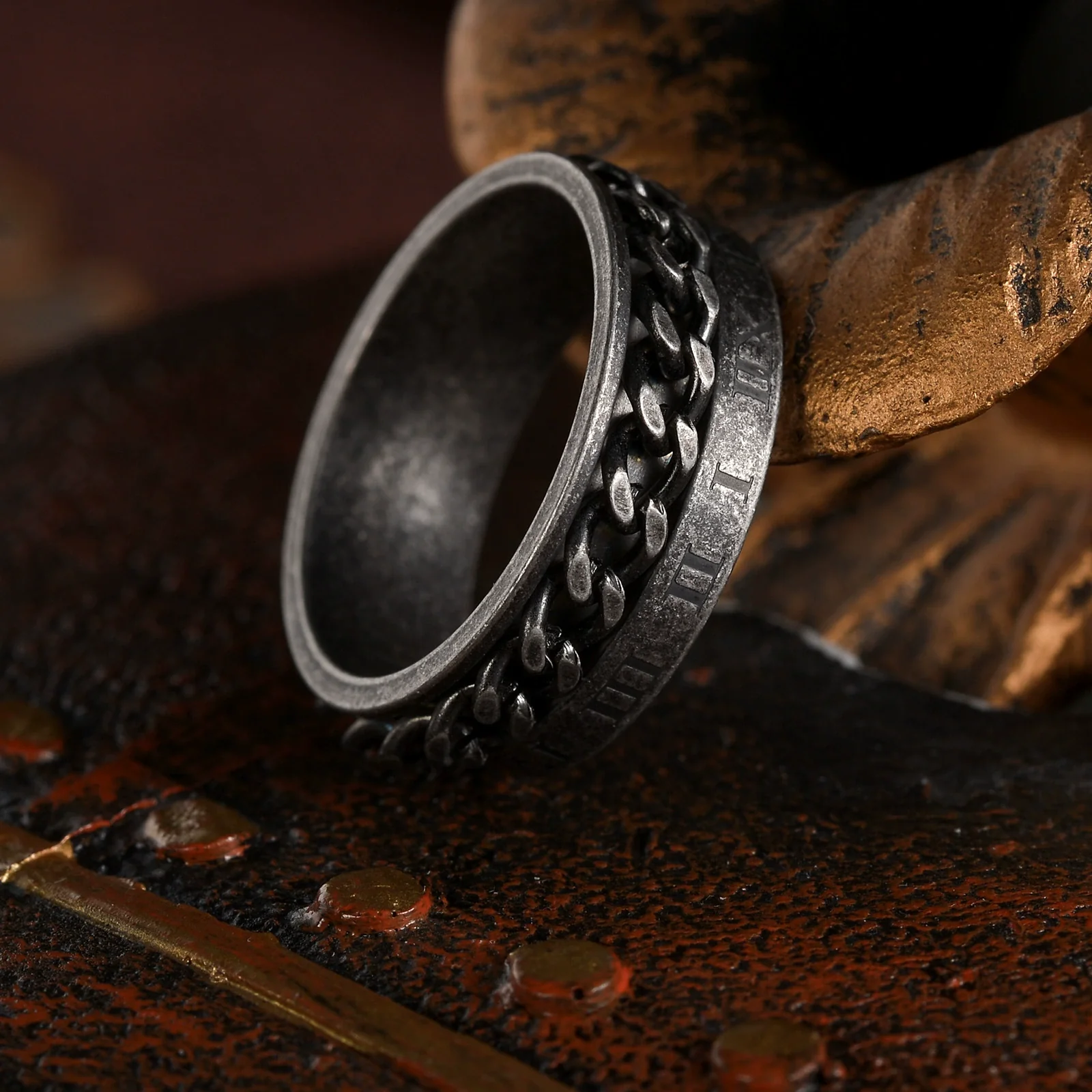 Wholesale Ring Titanium Steel Retro Distressed Style With Roman Numeral And Rotatable Chain Design - Image 3