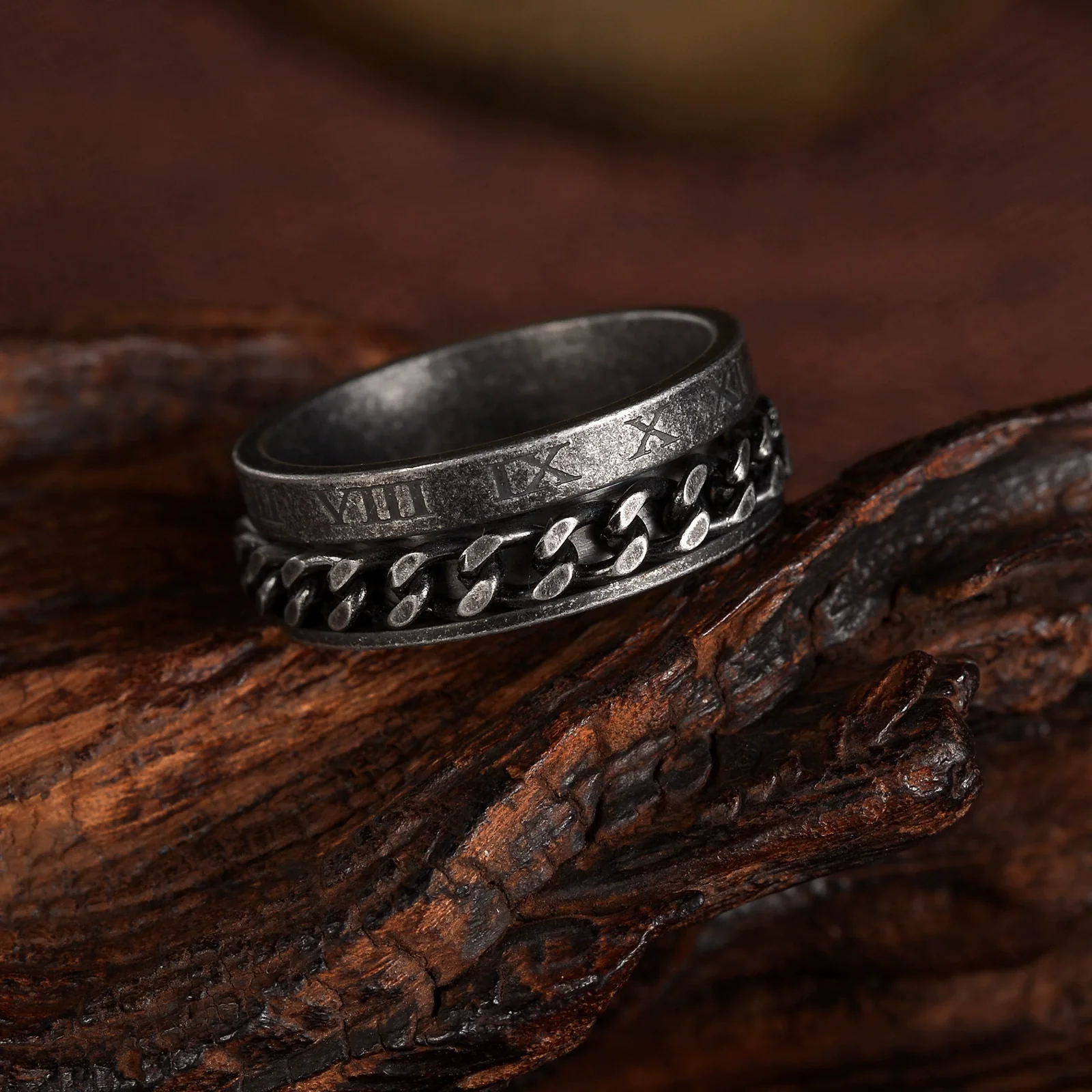Wholesale Ring Titanium Steel Retro Distressed Style With Roman Numeral And Rotatable Chain Design - Image 4