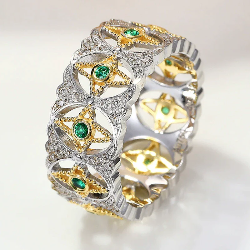 Wholesale Rings Retro Palace Style Twotone Copper Flower Hollow Lace Inlaid Zircon Star And Moon Design For Women