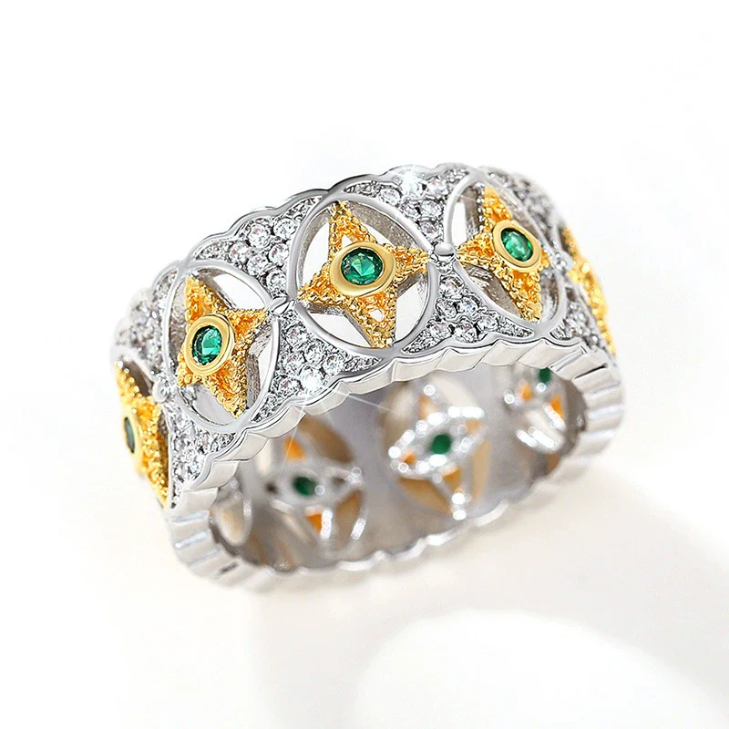 Wholesale Rings Retro Palace Style Twotone Copper Flower Hollow Lace Inlaid Zircon Star And Moon Design For Women - Image 3