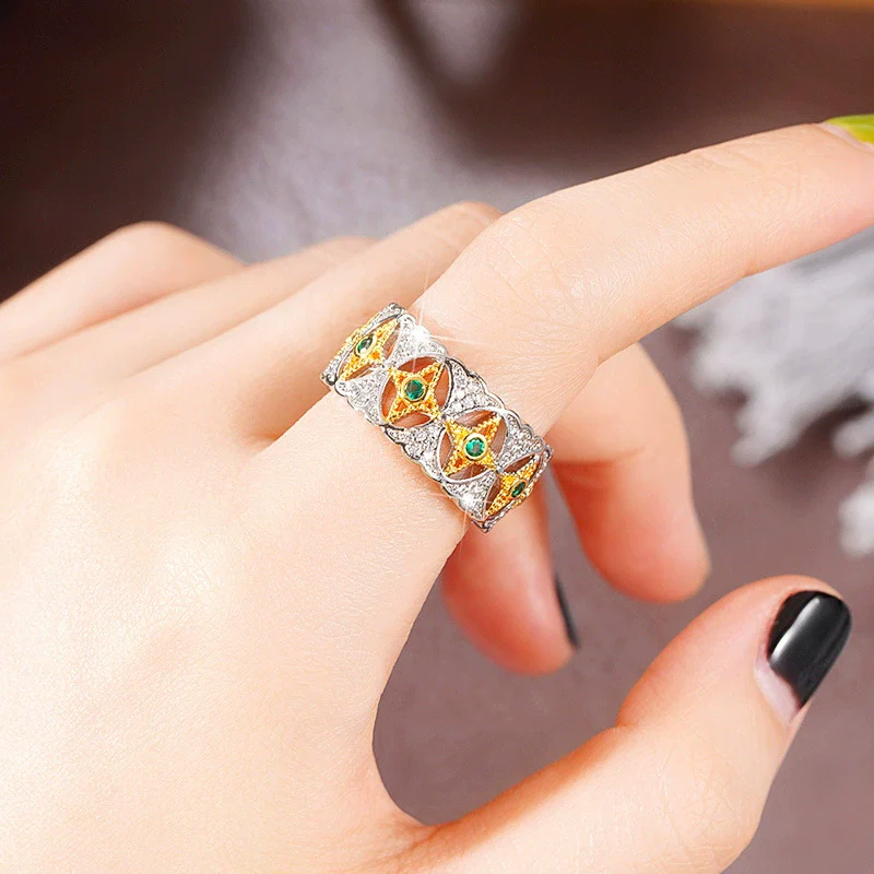 Wholesale Rings Retro Palace Style Twotone Copper Flower Hollow Lace Inlaid Zircon Star And Moon Design For Women - Image 4
