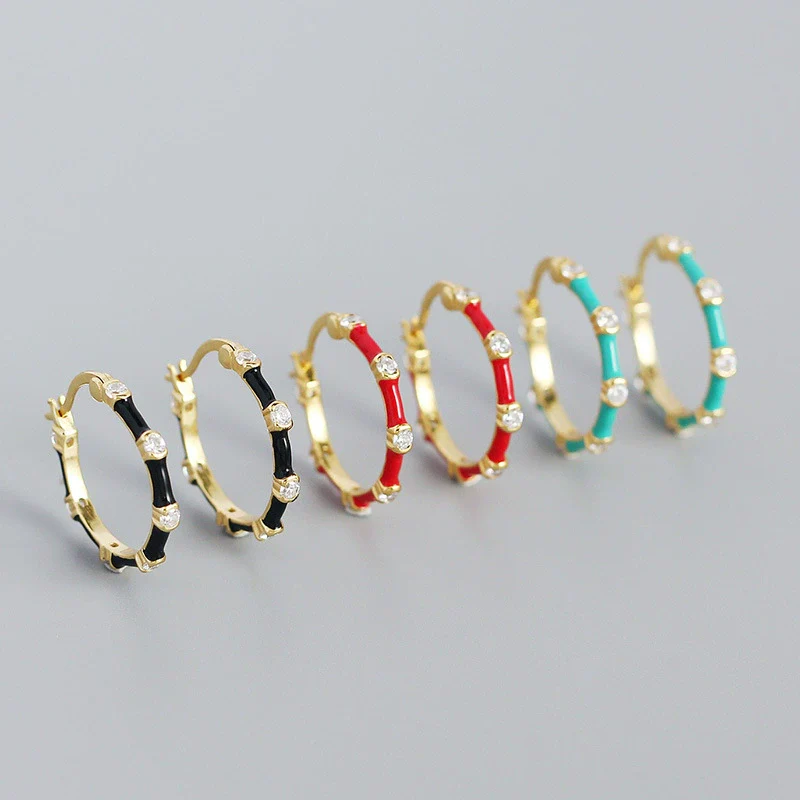 Wholesale S925 Silver Geometric Bamboo Diamond Enamel Dripping Oil Ear Buckle Earrings - Image 4