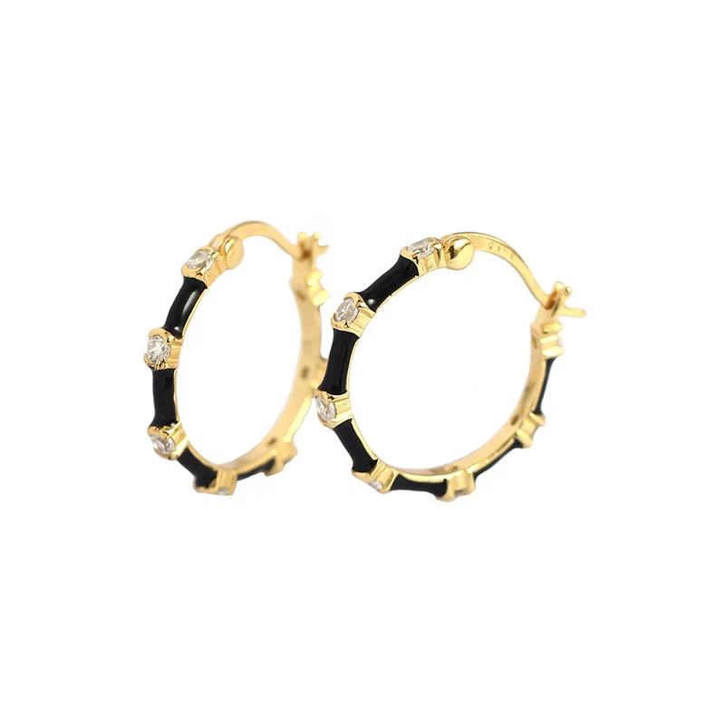 Wholesale S925 Silver Geometric Bamboo Diamond Enamel Dripping Oil Ear Buckle Earrings - Image 5