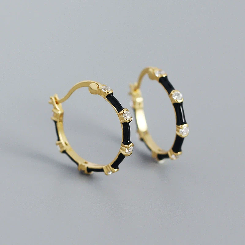 Wholesale S925 Silver Geometric Bamboo Diamond Enamel Dripping Oil Ear Buckle Earrings - Image 7