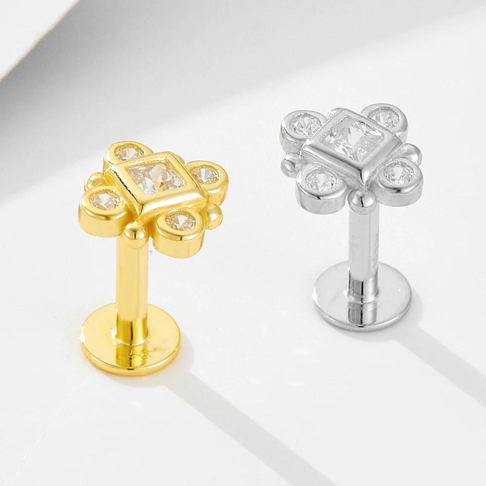 Wholesale S925 Sterling Silver Geometric Diamond Flat Head Threaded Piercing Ear Bone Nails Women's Earrings And Ear Jewelry - Image 3