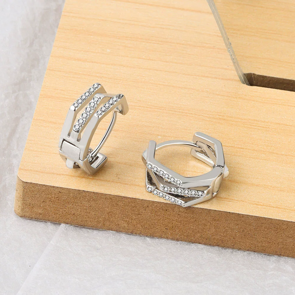 Wholesale S925 Sterling Silver Geometric Double Layer Ear Buckle Earrings With Diamond Inlay And Electroplating - Image 6