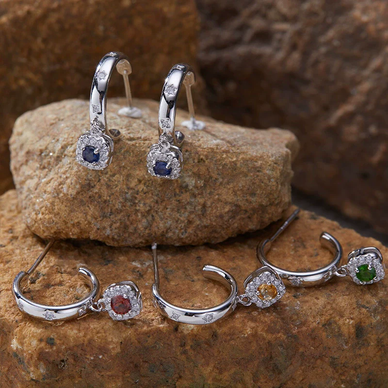 Wholesale S925 Sterling Silver Geometric Star Shape Natural Color Gem Set Earrings Light Luxury Nonfading Jewelry - Image 2