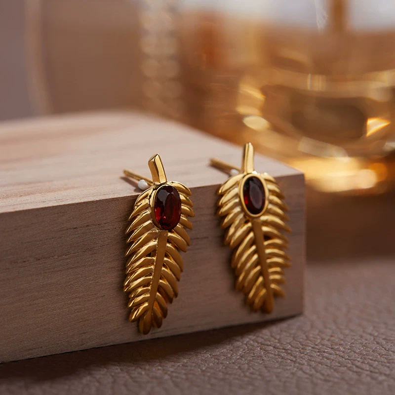 Wholesale S925 Sterling Silver Inlaid Natural Diopside Garnet Color Feather And Leaves Design Women's Earrings - Image 6