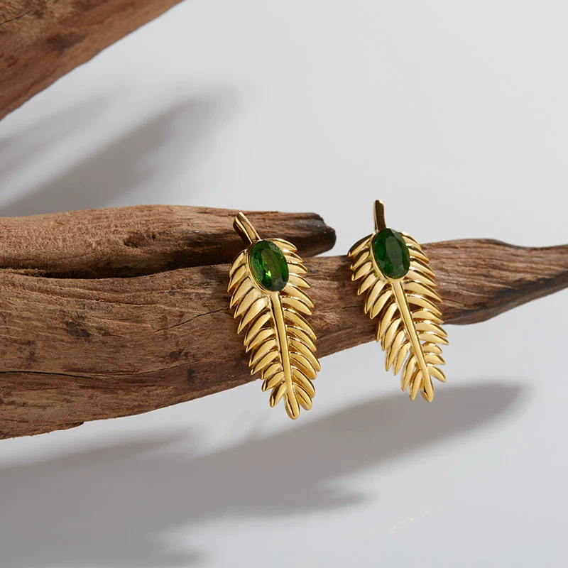 Wholesale S925 Sterling Silver Inlaid Natural Diopside Garnet Color Feather And Leaves Design Women's Earrings - Image 8