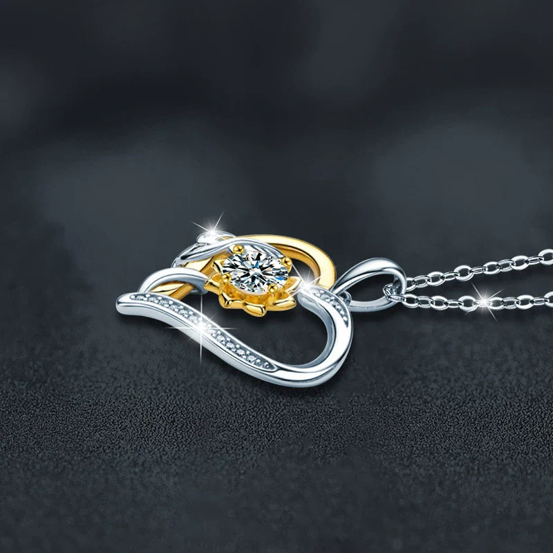 Wholesale S925 Sterling Silver Moissanite Heart Shaped Sunflower Pendant Women's Fashion Necklace