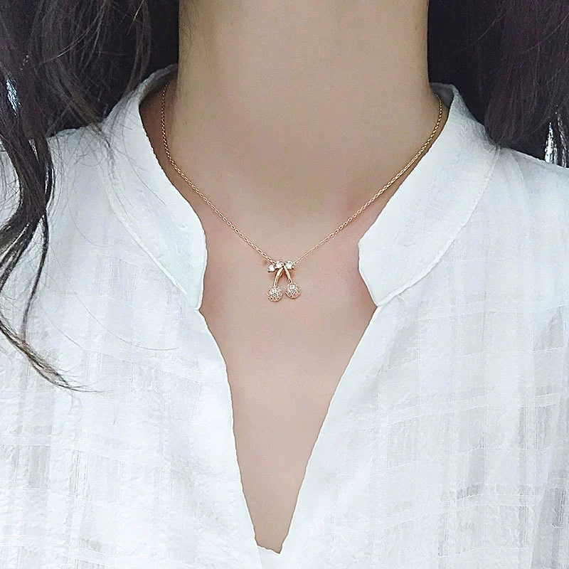Wholesale S925 Sterling Silver Rose Gold Double Cherry Fruit Style Necklace With Diamond And Electroplated Cross Chain - Image 4