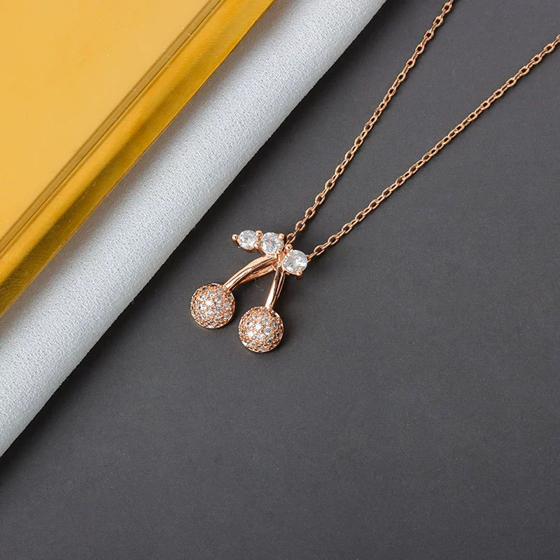 Wholesale S925 Sterling Silver Rose Gold Double Cherry Fruit Style Necklace With Diamond And Electroplated Cross Chain - Image 7