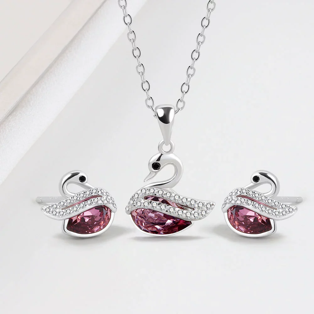 Wholesale S925 Sterling Silver Swan Pattern Austrian Crystal Necklace And Stud Earrings With Electroplating