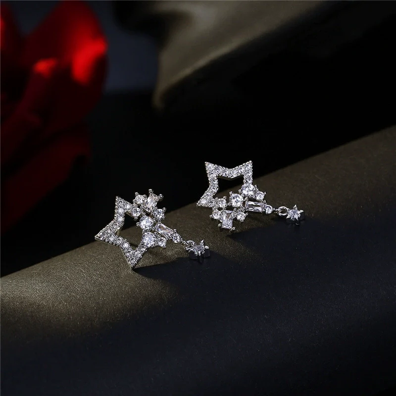 Wholesale Silver Earrings With Star Tassel And Water Drop Zircon Electroplated - Image 2