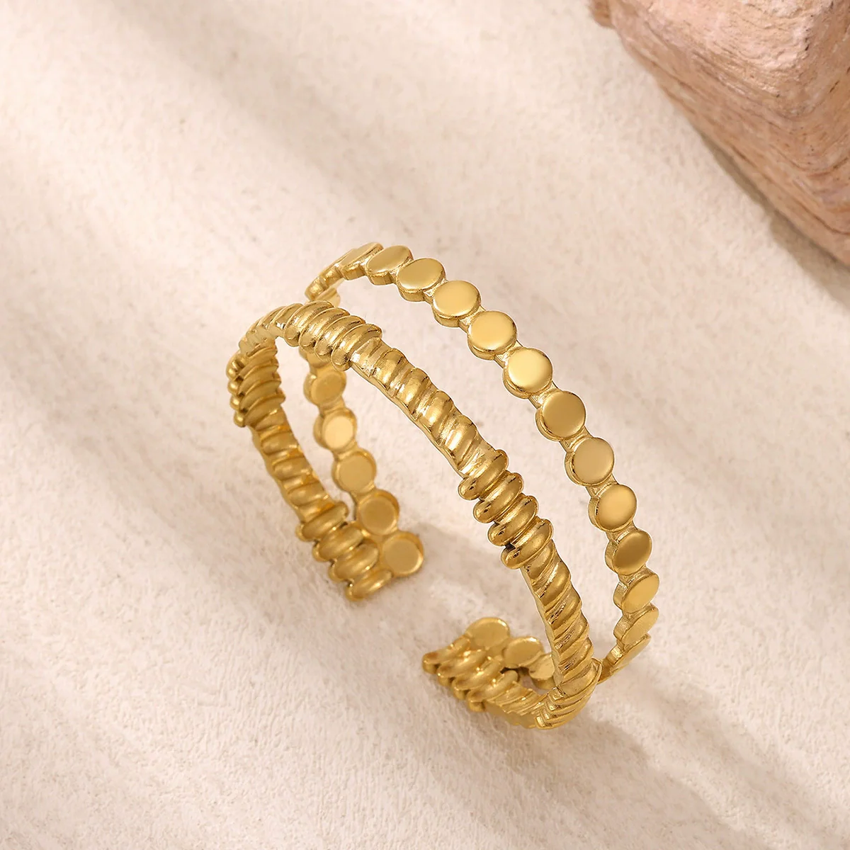Wholesale Simple Geometric Circle Stainless Steel Gold Electroplated Doublelayer Glossy Metallic Opening Adjustable Bracelet