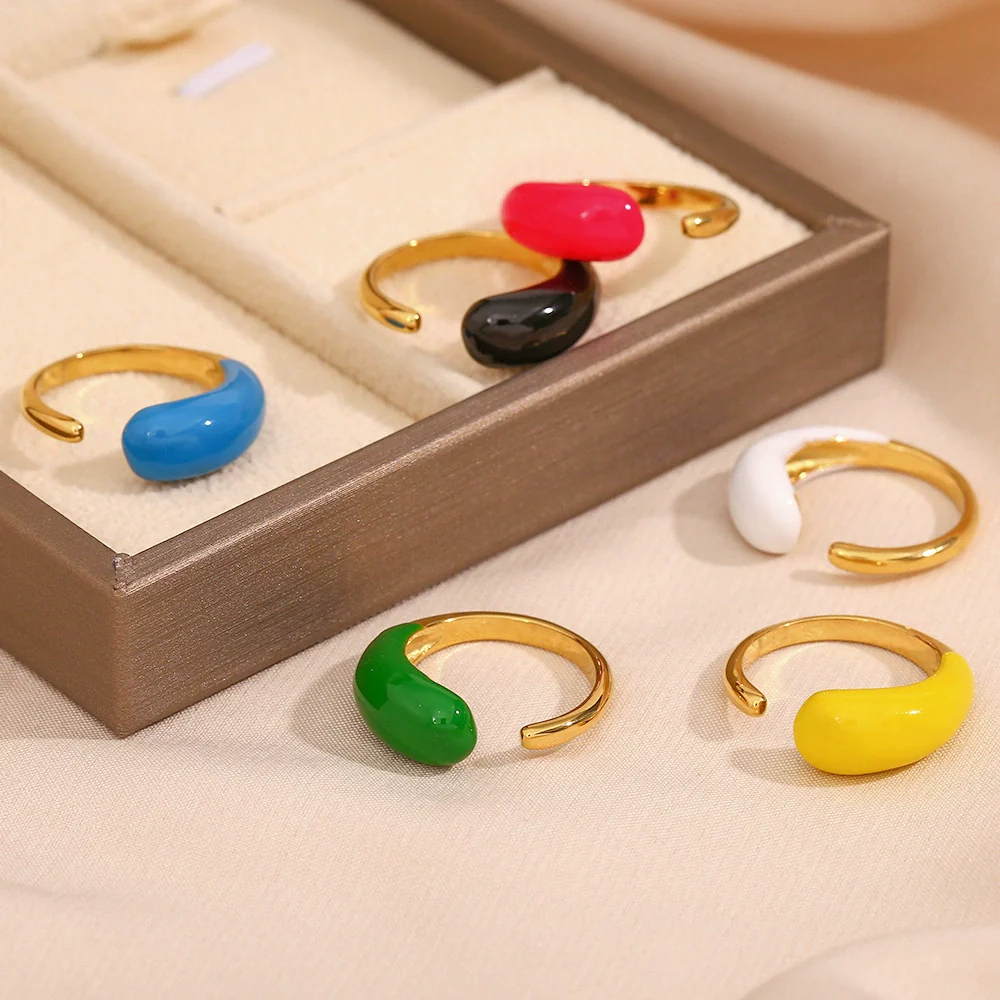 Wholesale Simple Geometric Electroplated Stainless Steel Water Drop Glossy Adjustable Twoended Opening Ring For Women - Image 3