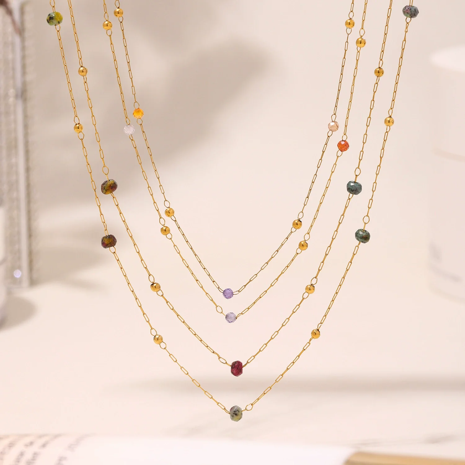 Wholesale Simple Geometric Ferris Wheel Beaded Necklace With Real Gold Plated Stainless Steel And Natural Stone Pendant For Women - Image 2
