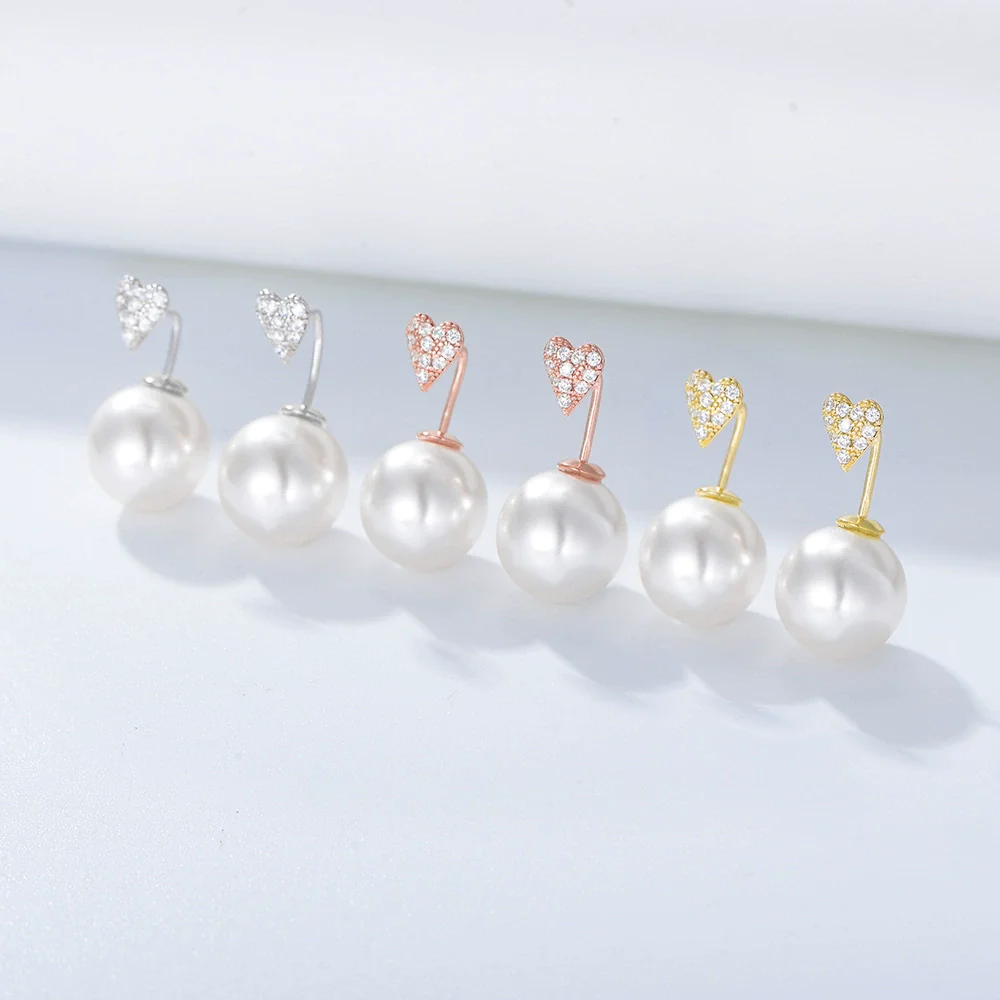 Wholesale Simple Heartshaped Diamondset Pearl Earrings For Women Made Of 925 Sterling Silver