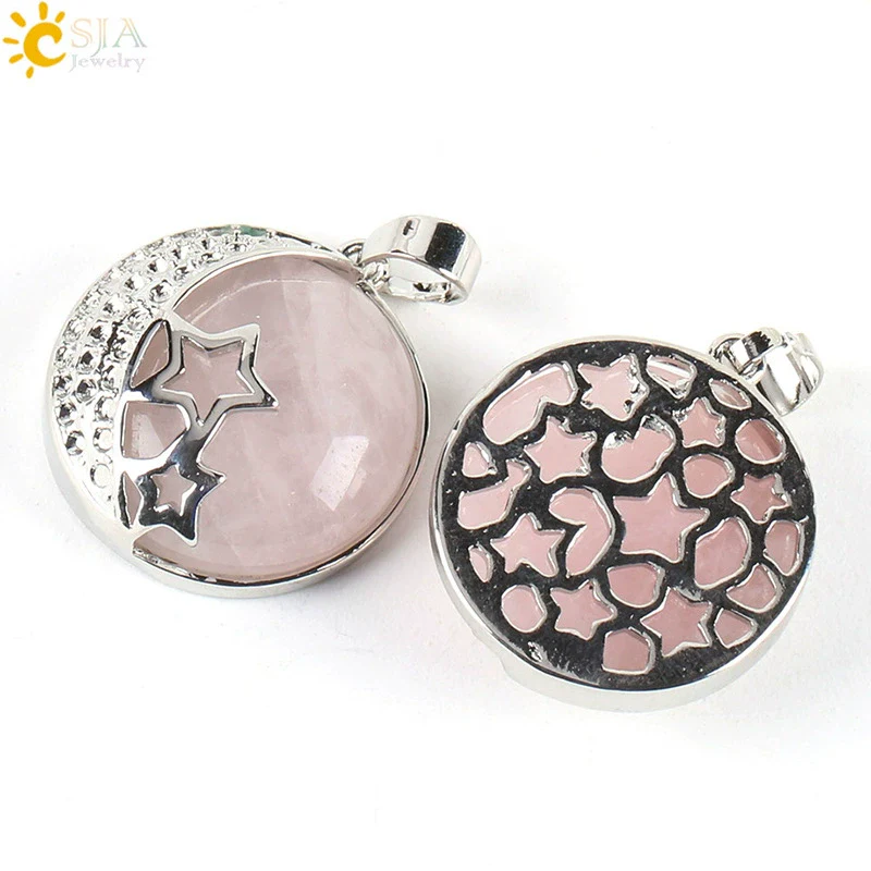Wholesale Simple Style Natural Semiprecious Stone And Copper Accessories Pendant Necklace With Hollow Back Round Moon Star Design For Women - Image 2