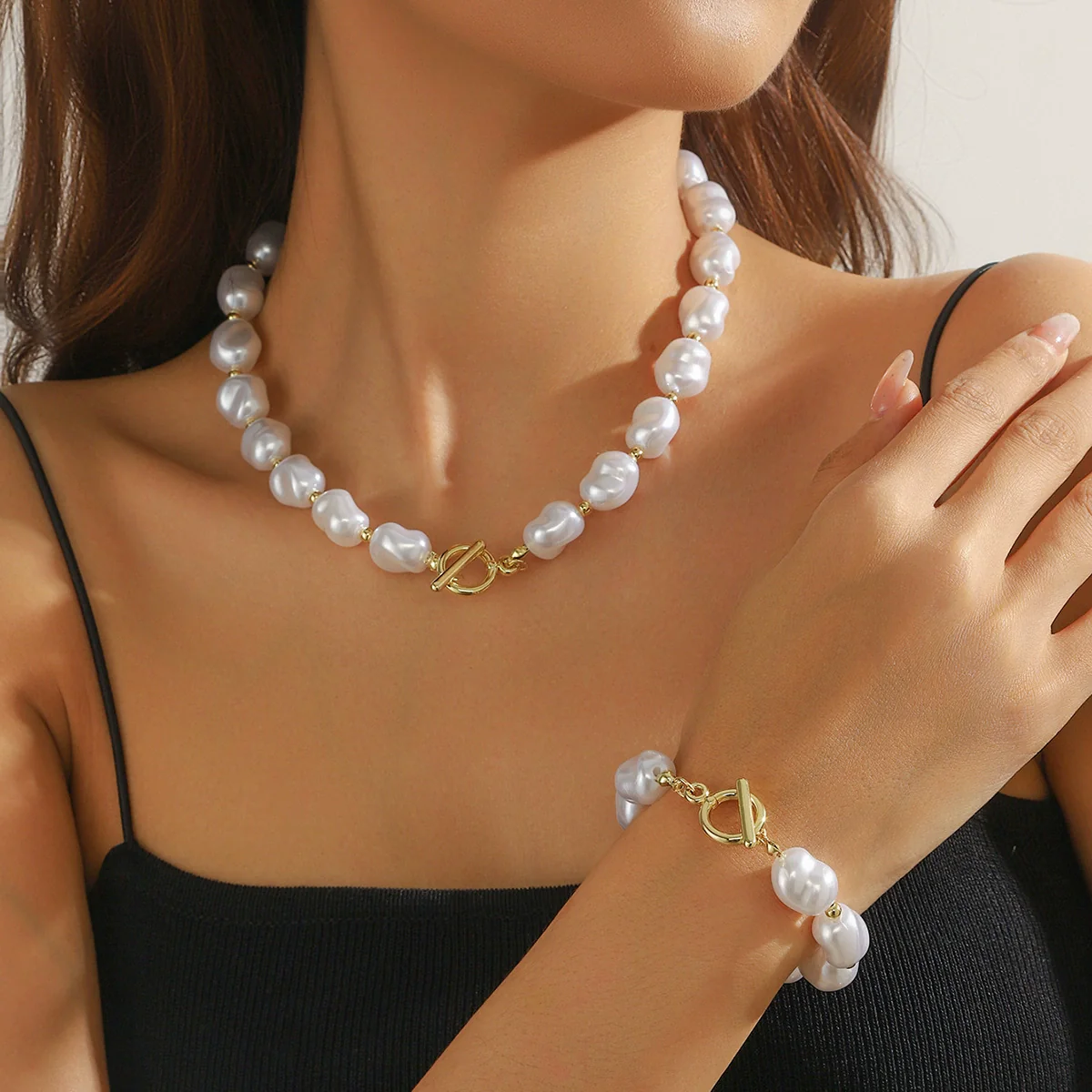 Wholesale Special Shaped Baroque Imitation Pearl Necklace And Bracelet Jewelry Set With Marine Life Pattern And Electroplating Process - Image 2
