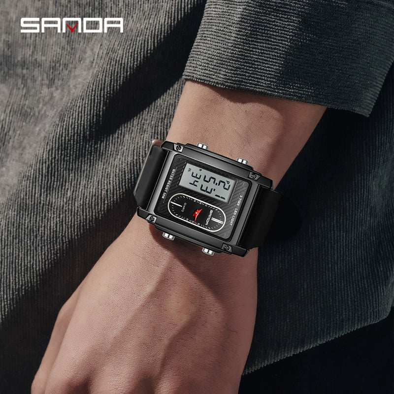 Wholesale Square Multifunction Dual Display Electronic Watch For Men Light Luxury Style Silicone Band Waterproof Alloy Case Mineral Tempered Mirror