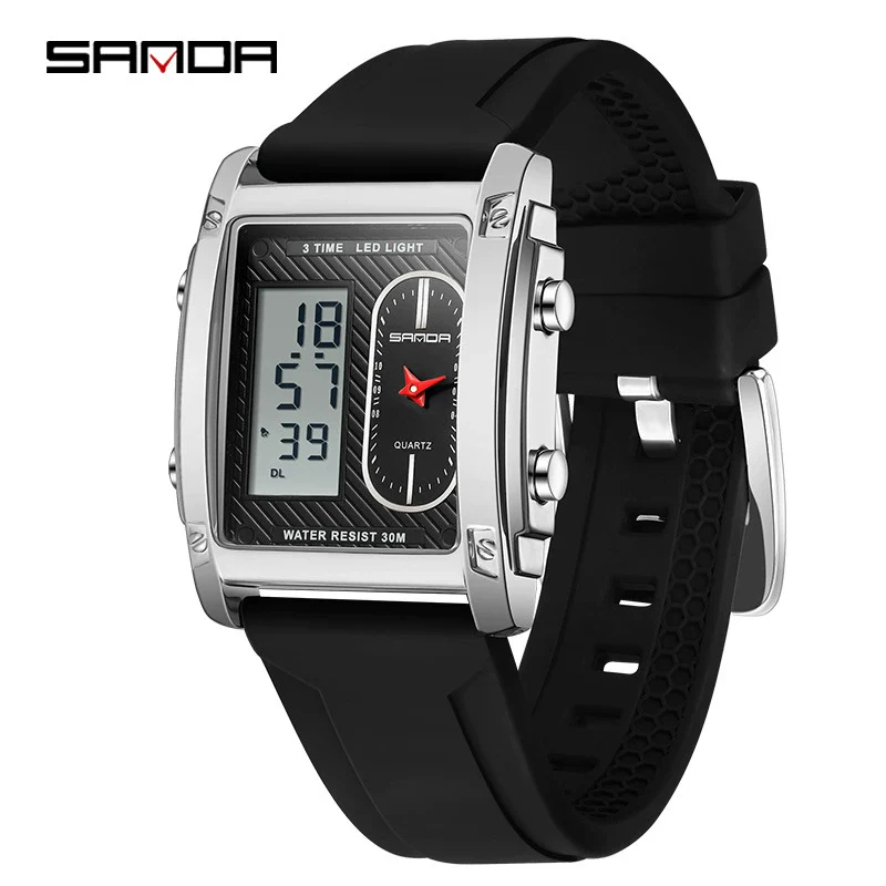 Wholesale Square Multifunction Dual Display Electronic Watch For Men Light Luxury Style Silicone Band Waterproof Alloy Case Mineral Tempered Mirror - Image 5