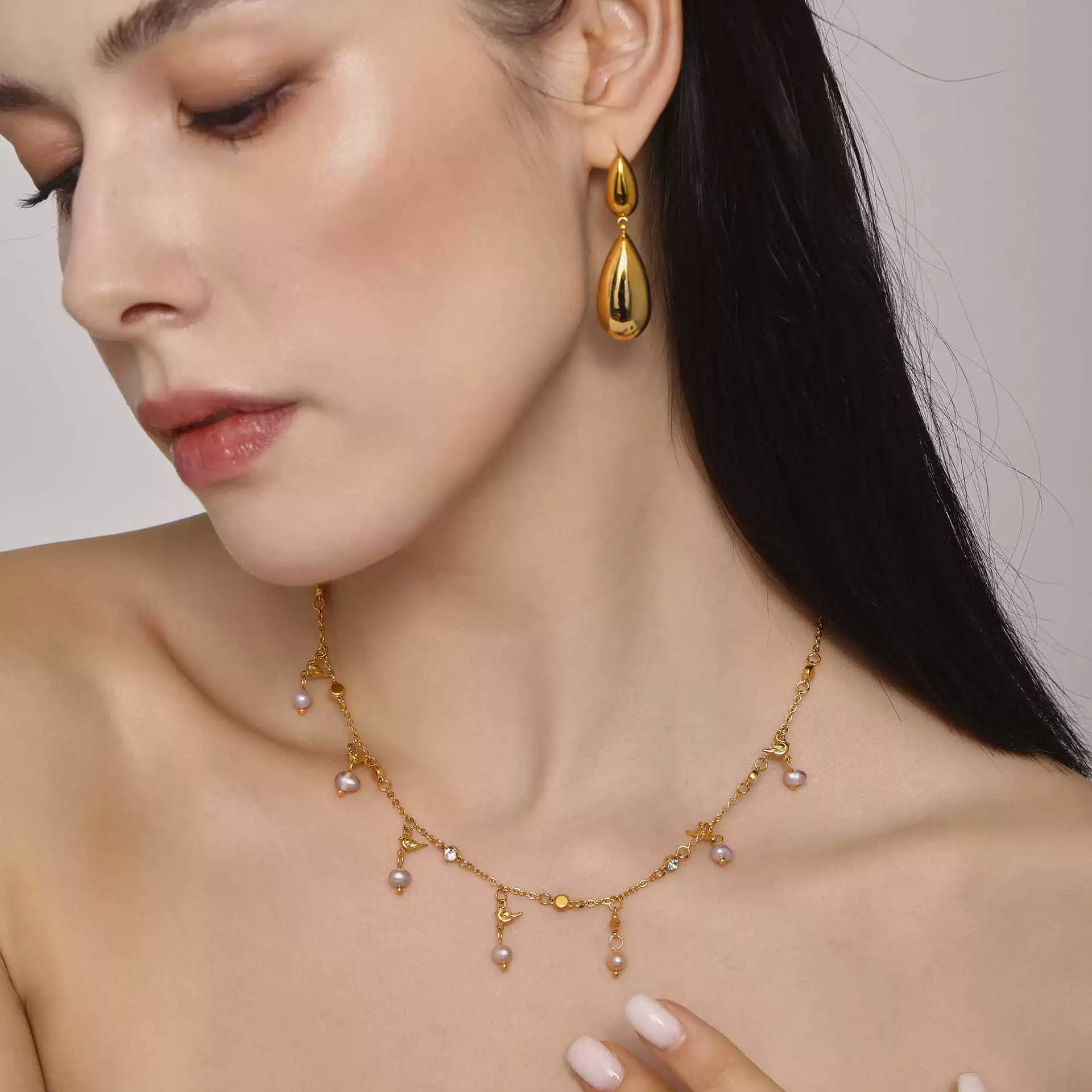 Wholesale Stainless Steel And Freshwater Pearl Geometric Minimalist Ferris Wheel Double Water Drop Pendant Earrings And Necklace Set For Women 18K Gold Plated - Image 3
