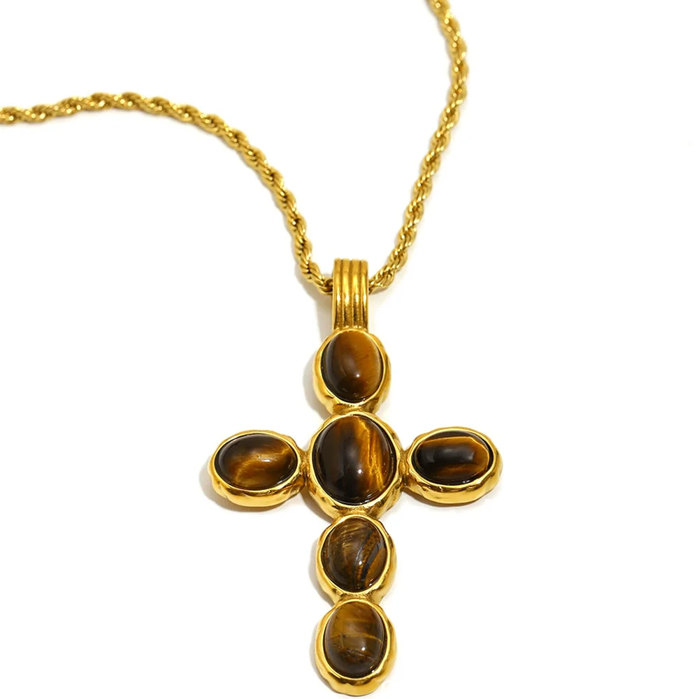Wholesale Stainless Steel Electroplated 18K Gold Geometric Cross Necklace And Oval Earrings For Women - Image 5