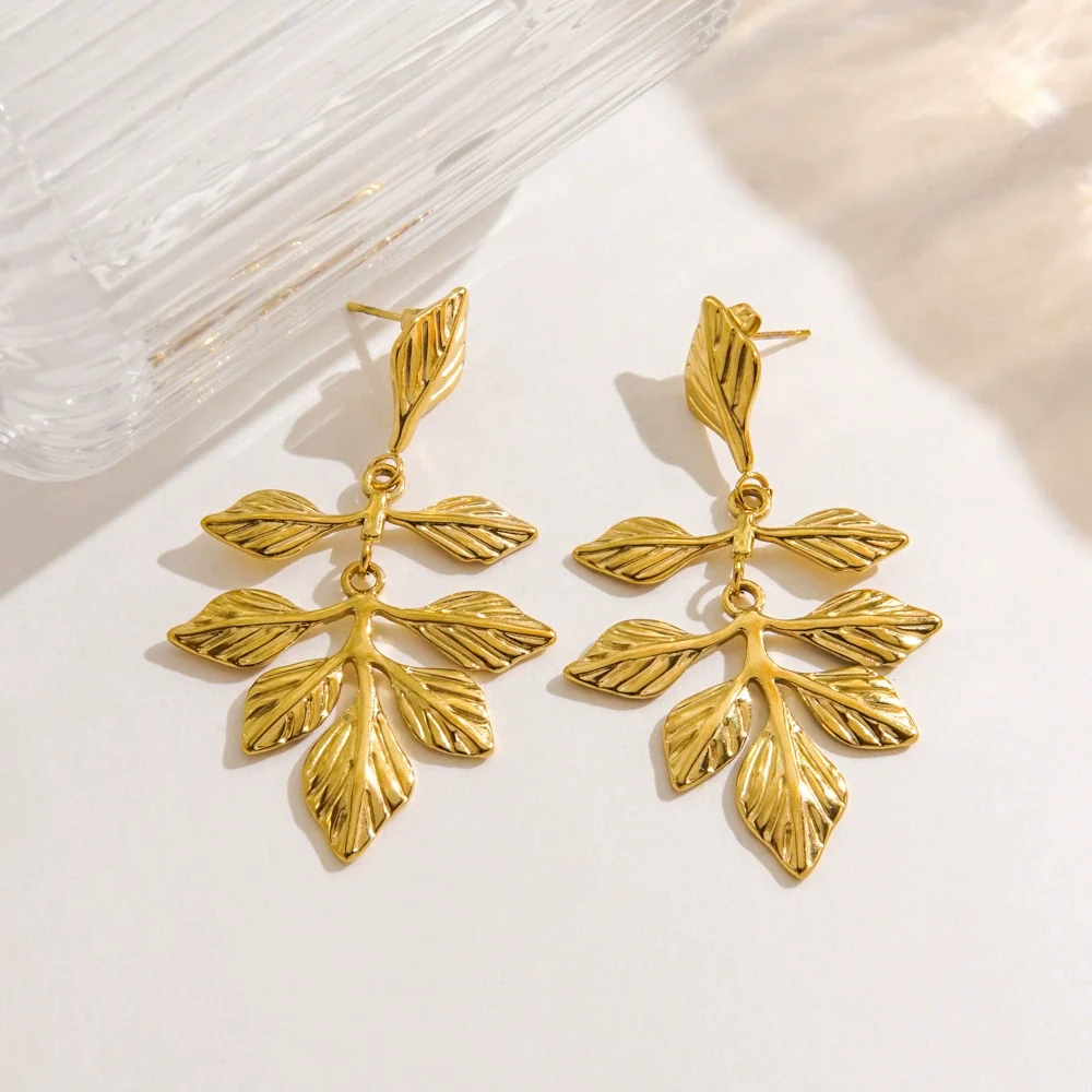 Wholesale Stainless Steel Electroplated Flower Leaf Pendant Earrings Jewelry For Women - Image 3