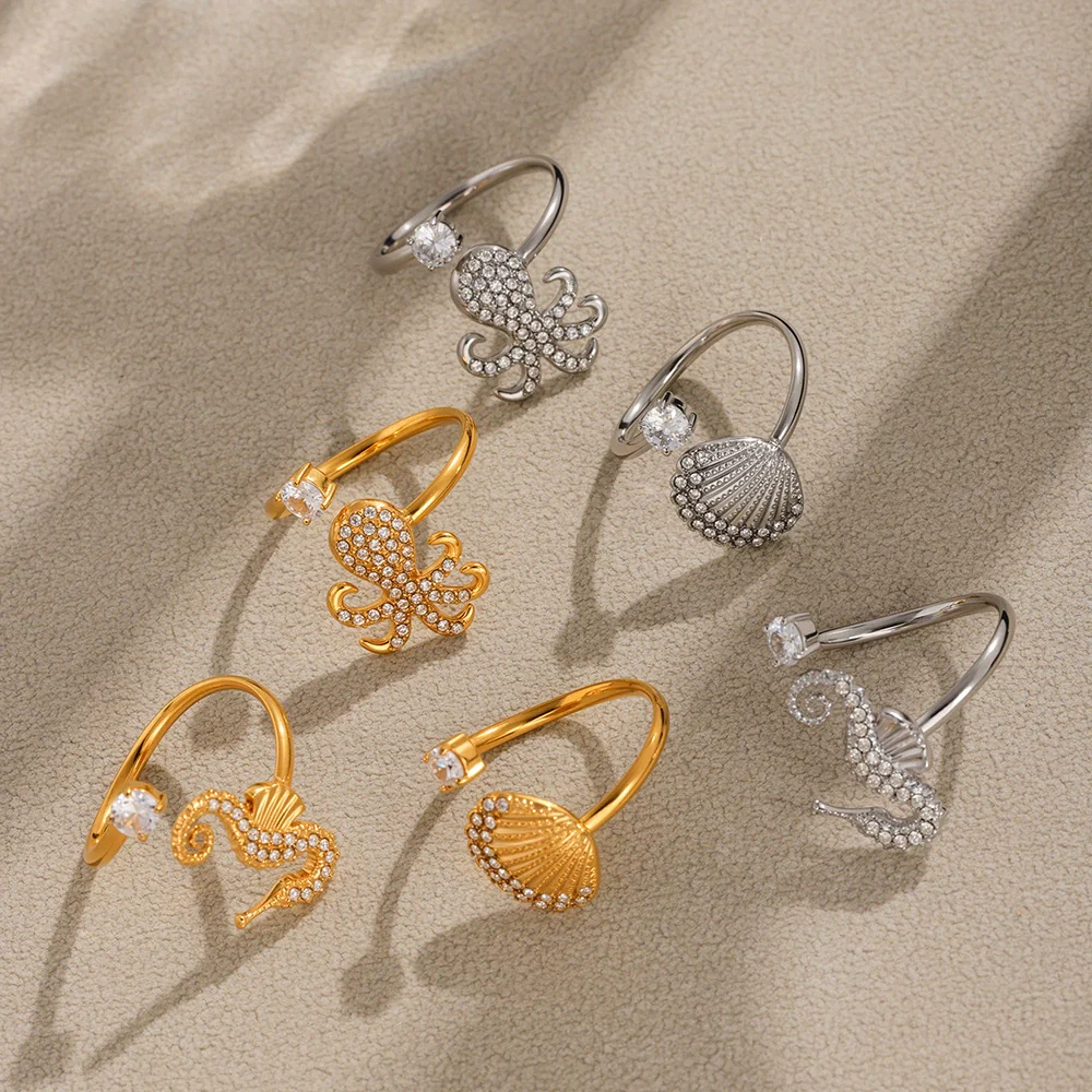 Wholesale Stainless Steel Electroplated Geometric Ferris Wheel Seahorse Octopus Shell Inlaid Ring For Women - Image 2