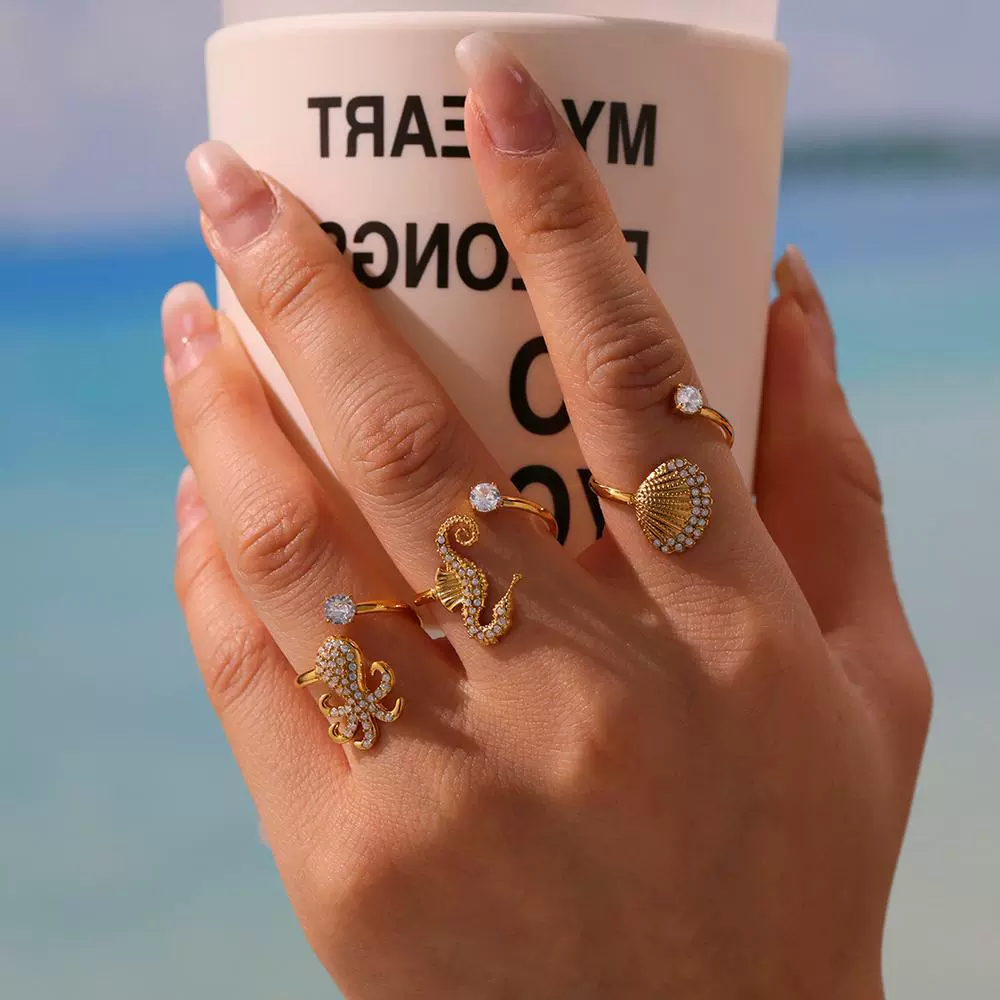 Wholesale Stainless Steel Electroplated Geometric Ferris Wheel Seahorse Octopus Shell Inlaid Ring For Women - Image 3