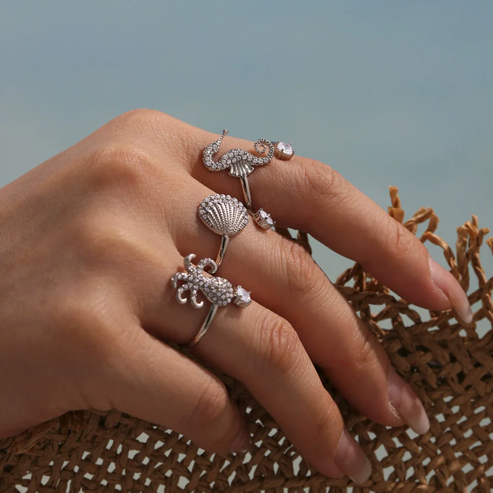 Wholesale Stainless Steel Electroplated Geometric Ferris Wheel Seahorse Octopus Shell Inlaid Ring For Women - Image 4