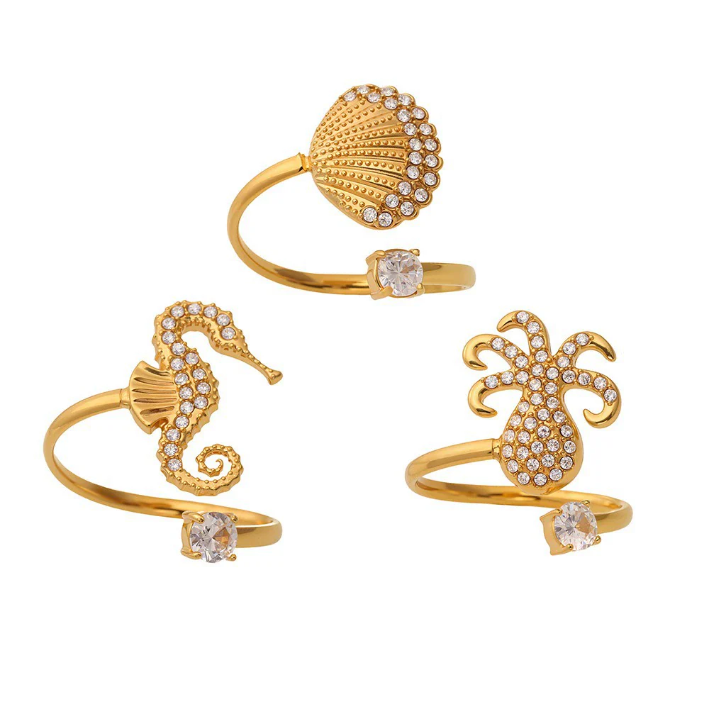 Wholesale Stainless Steel Electroplated Geometric Ferris Wheel Seahorse Octopus Shell Inlaid Ring For Women - Image 5